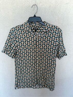 Express Short Sleeve Geometric Button-Up Shirt - Tan & Sage